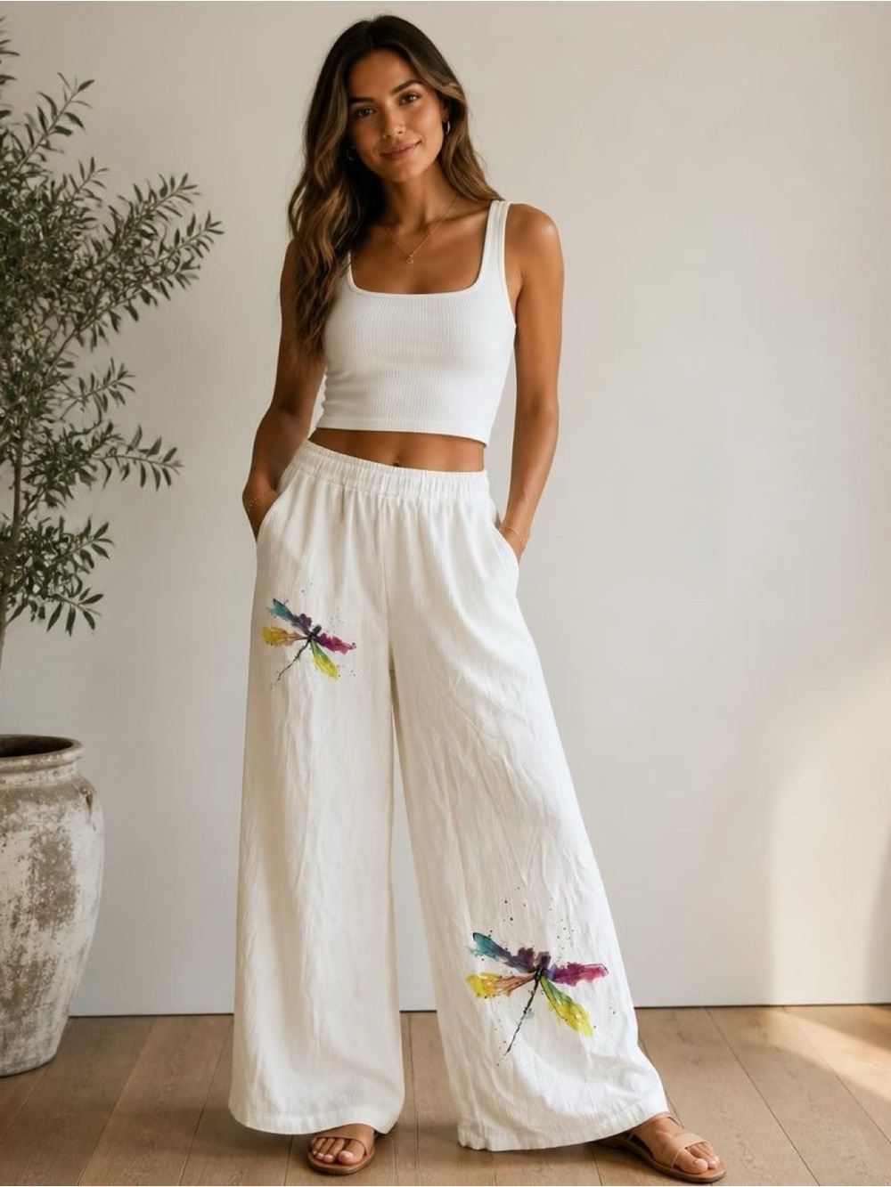 Source Unknown White Wide-Leg Cotton Pants with Multicolor Dragonfly Motif